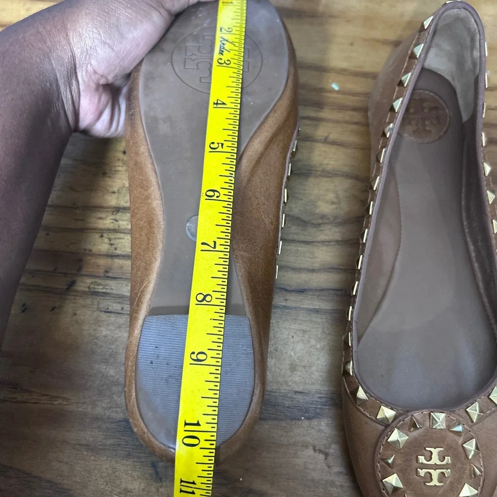 Tory‎ Burch Dale Ballet Flats Womens 8 Tan Leather Studded Logo shoes